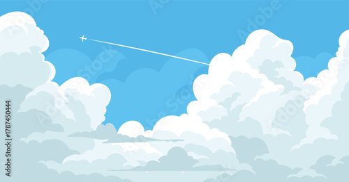 Cloudscape, airplane with cloud and blue sky background