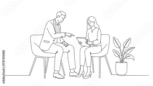 Business Discussion or Interview Outline Vector Illustration. Professionals Sitting and Talking with Tablet.