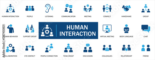 Human Interaction solid icon set. Featuring people communication, meeting, teamwork and relationship concepts. Flat minimal design for business and social media projects. Vector illustration.