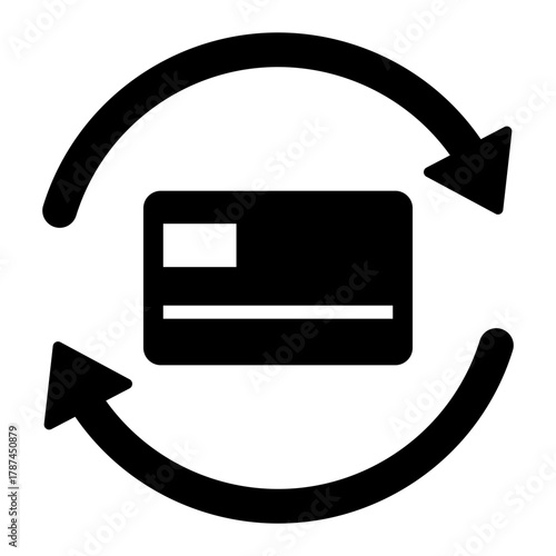 Black single renew credit card icon, simple card transaction flat design infographic pictogram vector for app logo ads web button ui ux interface elements isolated on white background