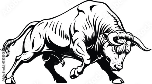 A striking black and white illustration of a powerful bull charging forward with intense determination and strength