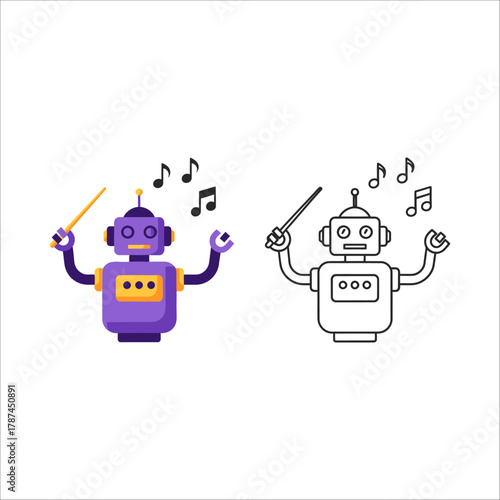 Robot conductor leading an orchestra with musical notes, includes a black and white version