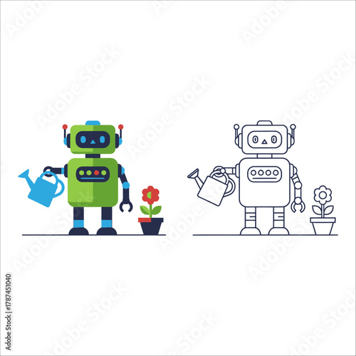 Green robot watering a flower with a watering can, next to its outline version, on a