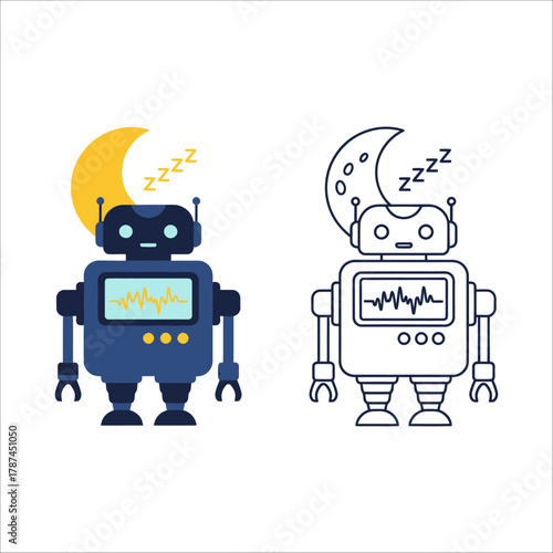 Blue robot sleeping under a crescent moon with zzz symbols, next to its outline version, on a