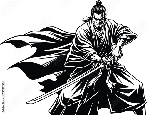 A black and white illustration of a samurai warrior holding a sword in a fighting stance with a cape