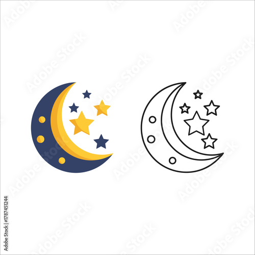 Stylized crescent moon with stars and dots, and a black and white outline version, representing night and dreams