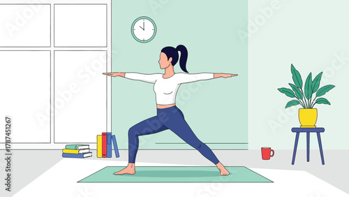 Woman practicing yoga Warrior II pose at home, fitness, health and wellness exercise routine vector illustration