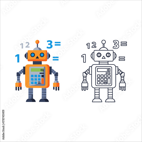 Orange robot with calculator display and numbers 1, 12, 3