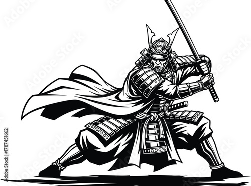 A black and white illustration of a samurai warrior holding a sword in a fighting stance with cape flowing