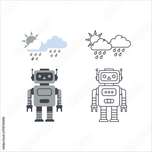 Robot standing under rainy clouds, representing weather or data