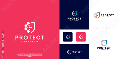 security logo with machine gear and shield symbols, protection system, vector graphic template.