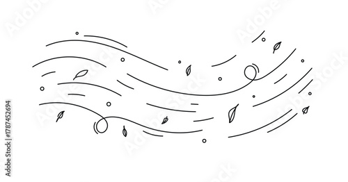 Leaf wind. Hand drawn doodle wind motion, air blow, leaf falling elements