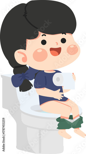 Cartoon Girl Sitting on Toilet Illustration