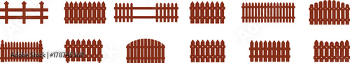 Collection of various brown wooden picket fences and garden fences