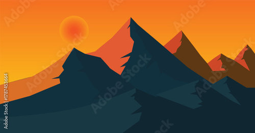 Summer sunset view with majestic peaks mountain, beauty and tranquility