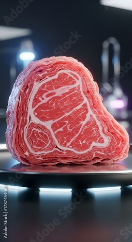 A close-up of a fresh, raw piece of meat with visible marbling, placed on a dark surface in a modern kitchen setting with blurred background lights