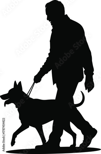 Elder man walking with dog silhouette isolated on white background 