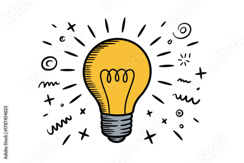 Hand-drawn lightbulb vector illustration symbolizing creativity, innovation, and inspiration. Doodle sketch icon for idea generation, brainstorming, design thinking, and creative concept artwork.