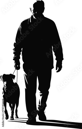 Elder man walking with dog silhouette isolated on white background 