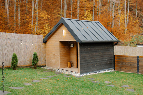Cozy modern cabin in beautiful autumn forest setting