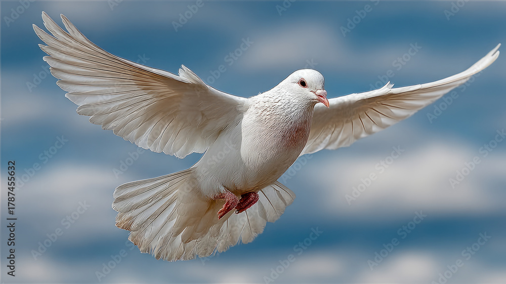 Fototapeta premium A white dove flying against a blue sky with clouds.