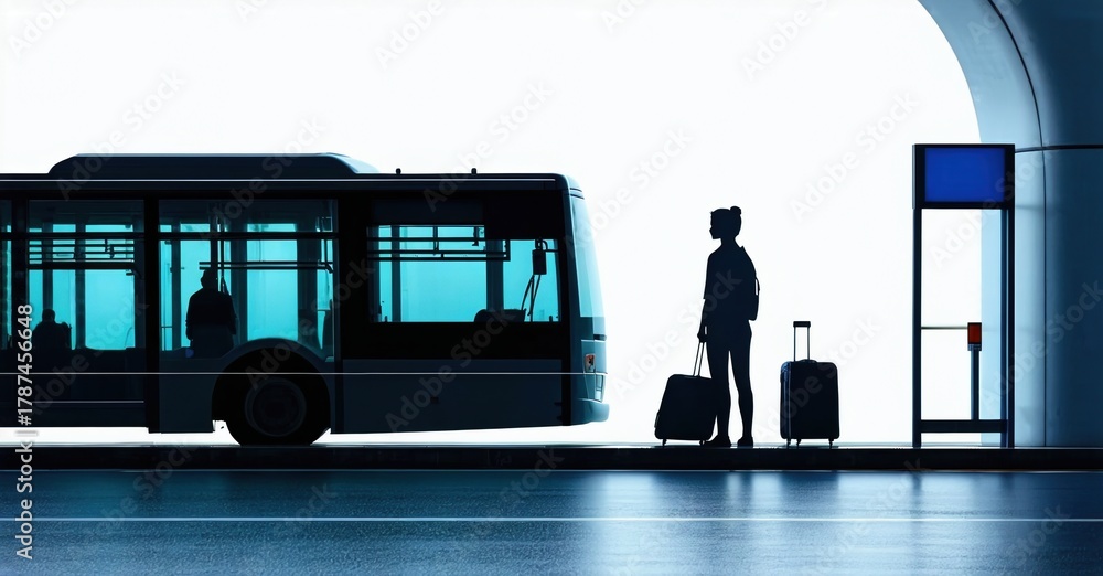 Fototapeta premium Silhouette depicts woman, luggage near bus stop. Bright light creates dramatic effect, emphasizing travel theme. Minimalist composition.
