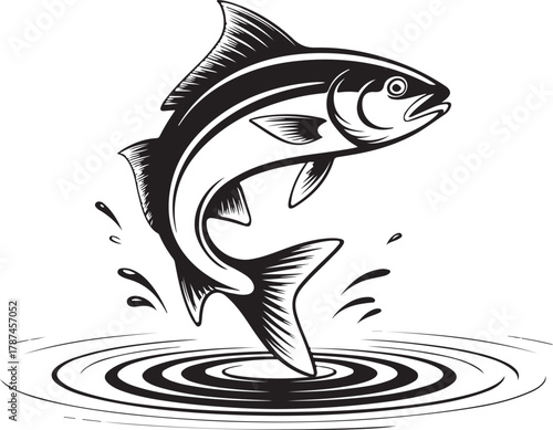 Dynamic fish leaping out of water line art