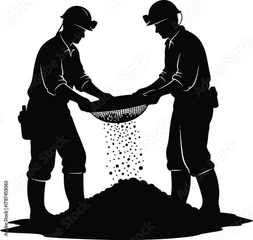 gold miners are sifting gold with a sieve Vector illustration  