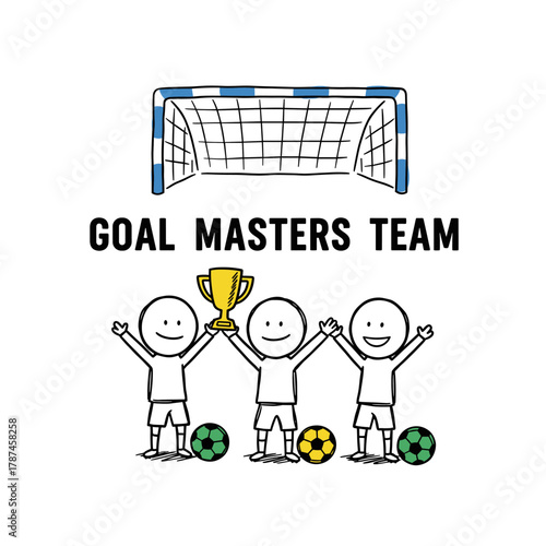 Soccer Team Goal Masters. Winning Soccer Team Doodle. Hand Drawn Football Victory. Trophy Goal Sketchy Art. Team Sports Achievement