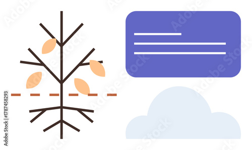 Minimalistic tree with sparse leaves and dotted ground line, purple text box, and blue cloud. Ideal for nature concepts, transitions, growth, communication, simplicity, clarity abstract design
