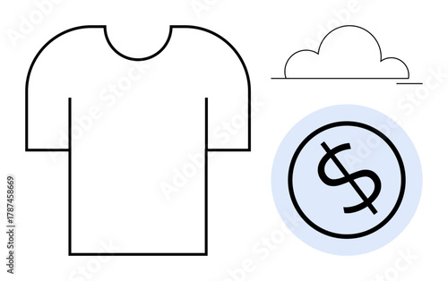 Simple t-shirt, circular dollar sign, and minimal cloud. Ideal for fashion, e-commerce, economy, sustainability, creativity branding marketing. Clean and simple flat metaphor