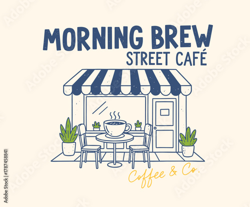 Morning Brew Cafe Logo. Street Coffee Shop Badge. Hand Drawn Cafe Front. Vintage Coffee Illustration. Doodle Style Cafe