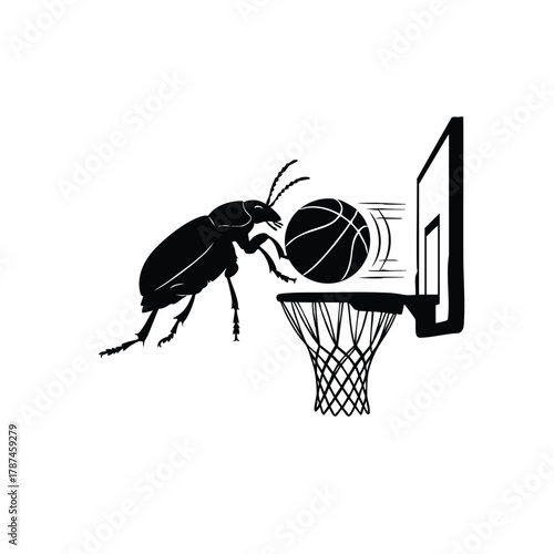 Beetle playing basketball jumps for scoring silhouette vector creative design