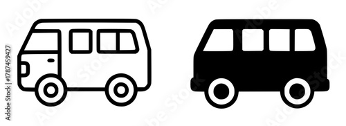 Minimalist icon, minibus vector, black and white, outline and silhouette
