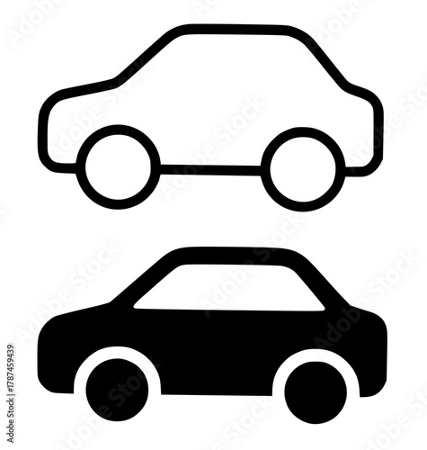 Minimalist icon, car vector, black and white, outline and silhouette