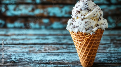 Vanilla ice cream with chocolate cookie pieces in a waffle cone on a rustic wooden table