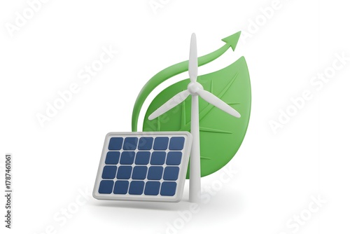 Renewable Energy Concept with Solar Panel, Wind Turbine, and Green Leaf Isolated on White Background