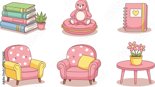 Pastel Cozy Decor Set, Books, Teddy Bear, Notebook, Armchairs, and Flower Table for Kids’ Room, Learning, and Play Spaces