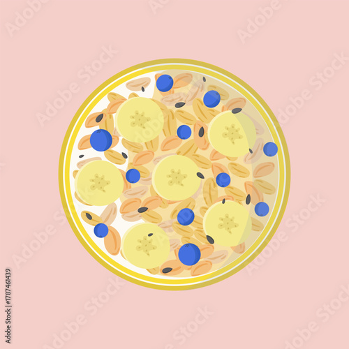 Bowl of oatmeal with bananas, seeds, blueberries, milk, breakfast, healthy eating, oatmeal, porridge, berries, food