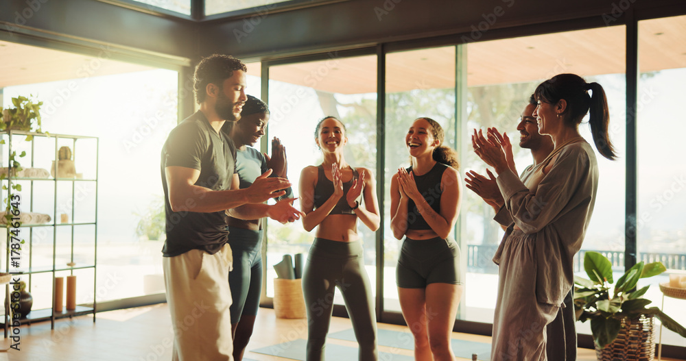 Naklejka premium Fitness, yoga class or people in gym with applause, solidarity or coach recognition in end of training. Pilates, success or instructor in studio with clap, gratitude or finish in wellness club.