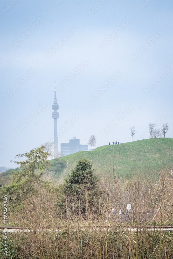 Obraz premium Scenic view of grassy hill and city skyline with a tall broadcasting tower in light morning haze.