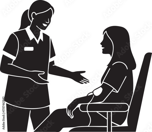 Medical professional assists patient receiving intravenous therapy in medical chair silhouette