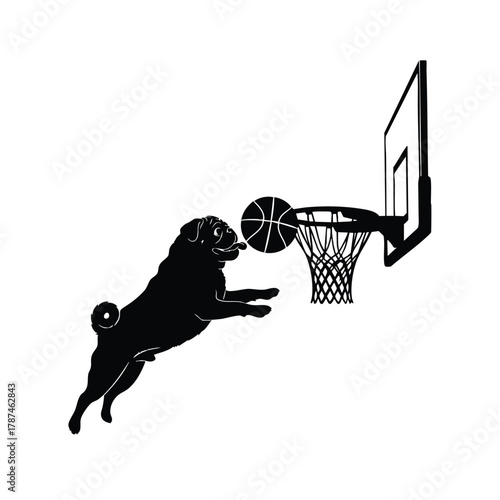 Pug Dog is Playing Basketball Vector Illustration Silhouette with Ball and Basketball Hoop