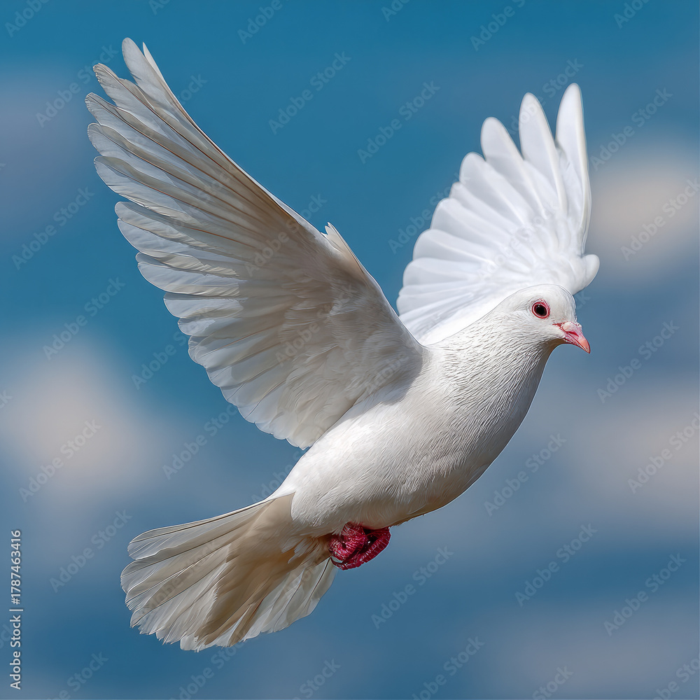 Obraz premium A white dove flying against a blue sky with clouds.