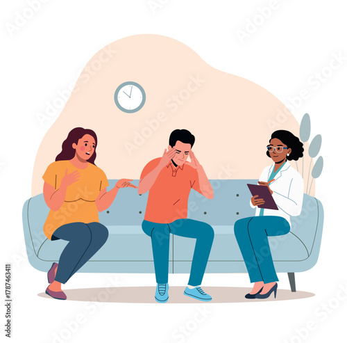 Family psychologist talks to a married couple on the sofa. Psychological consultation. Vector flat style illustration