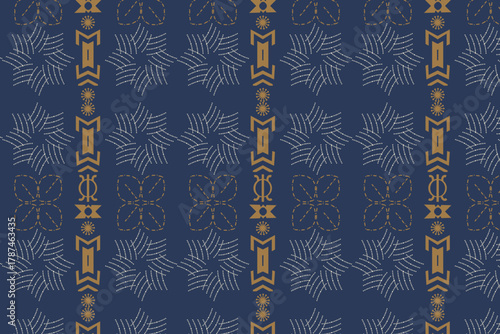 Elegant heritage revival of African geometric symbolism in soft indigo, gold, and terracotta for luxury patterns.