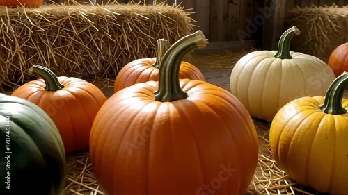 Vibrant pumpkins of various colors and sizes displayed on hay for fall harvest celebration.