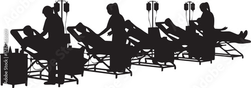 Silhouette of medical professionals assisting patients in beds with iv drips in a clinic setting.