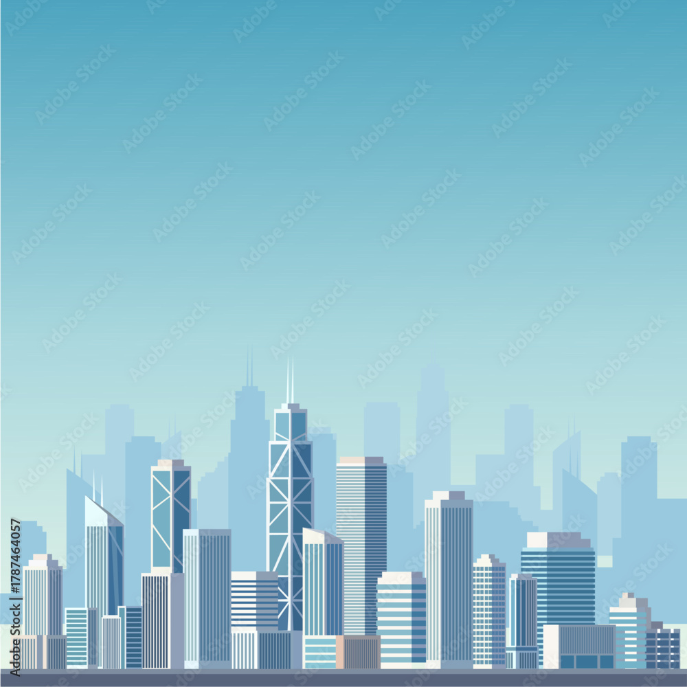 Naklejka premium Vector illustration of a modern cityscape featuring tall buildings, skyscrapers, and urban architecture. Perfect for business backgrounds, real estate projects, travel design, city concepts, and web