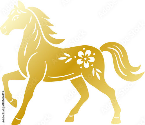 Golden gradient paper cutting Horse Design.
Chinese Zodiac flat vector Illustration.
Chinese Lunar New Year Zodiac Horse Silhouette isolated.
Transparent Background.